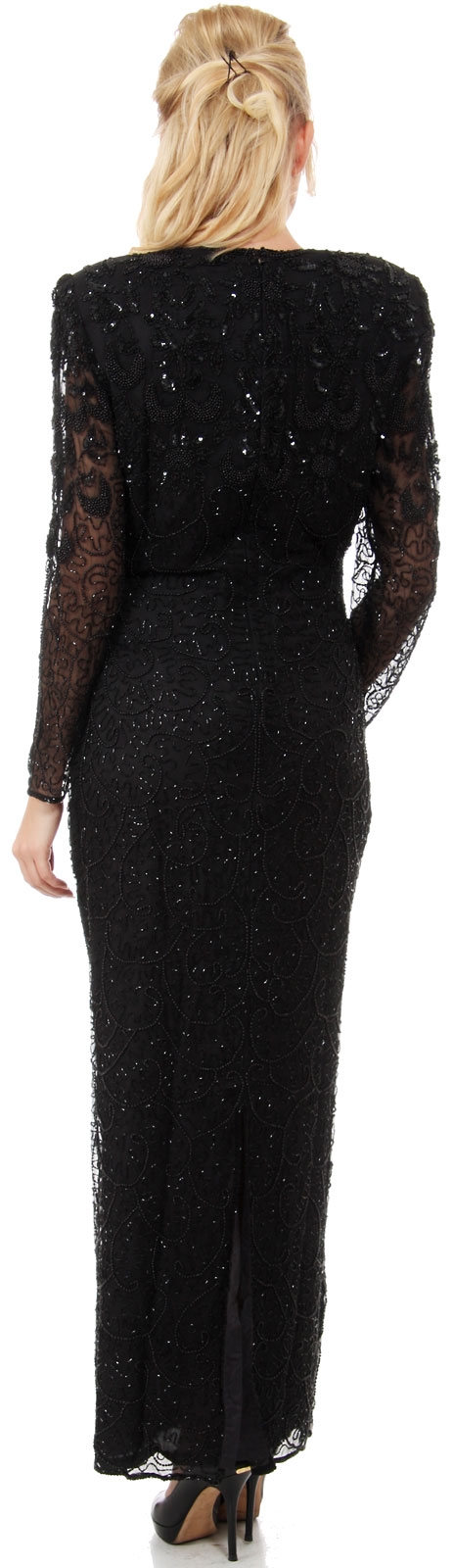 Floral Bodice Sweetheart Neck Full Sleeves Long Beaded Gown — back