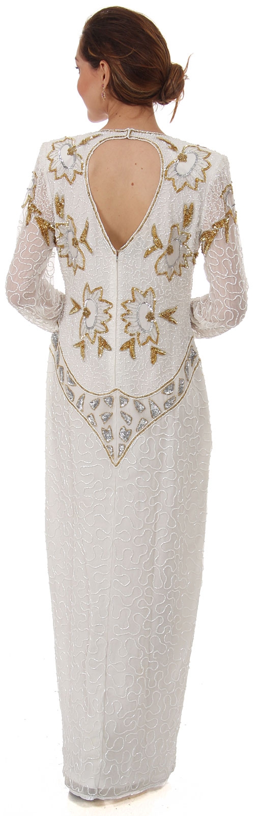 V-Neck Full Sleeves Beaded Formal Gown with Keyhole Back — back
