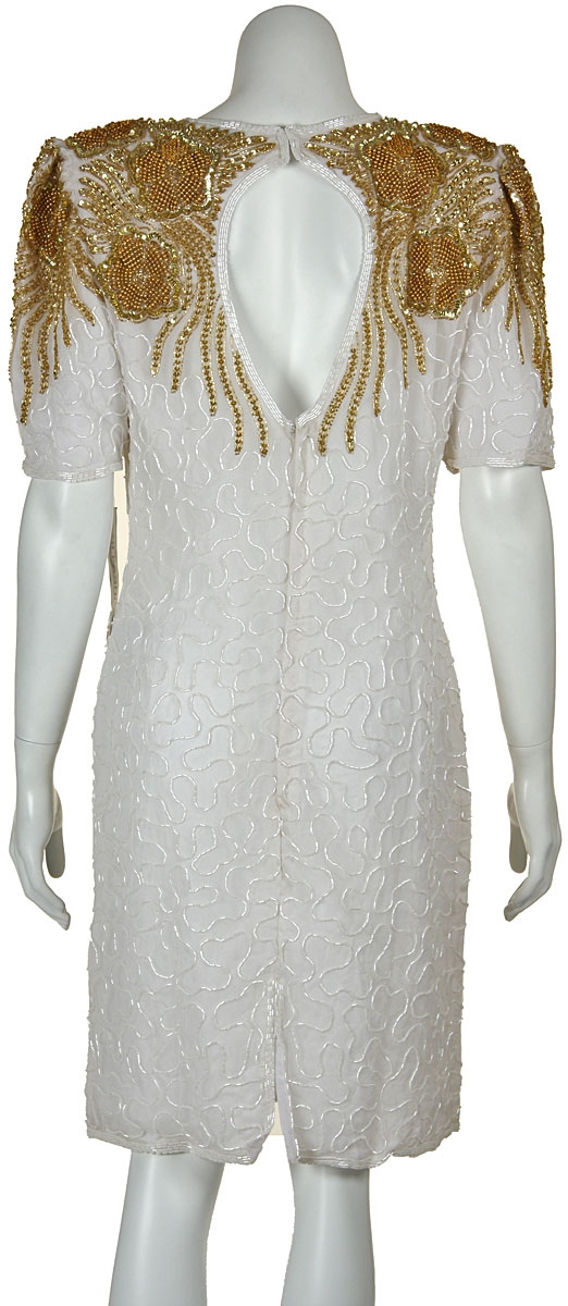 Knee Length Half Sleeves Beaded Cocktail Dress with Keyhole — back in Ivory/Gold