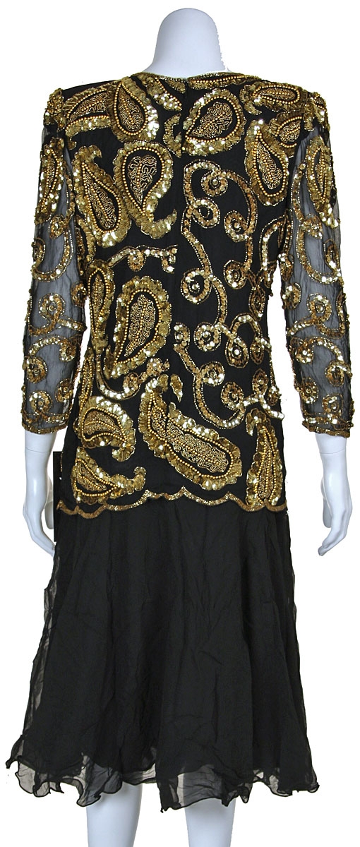 Tea Length Mother of the Bride Sequined Formal Dress — back in Black/Gold