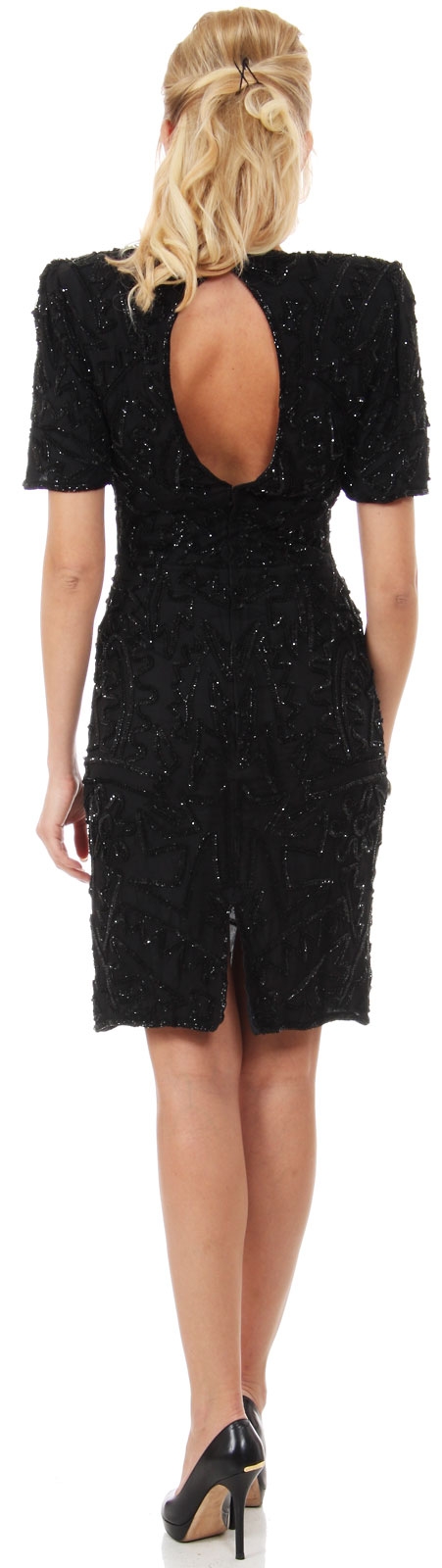 Artistic Leaves Pattern Sequined Short Dress with Keyhole  — back