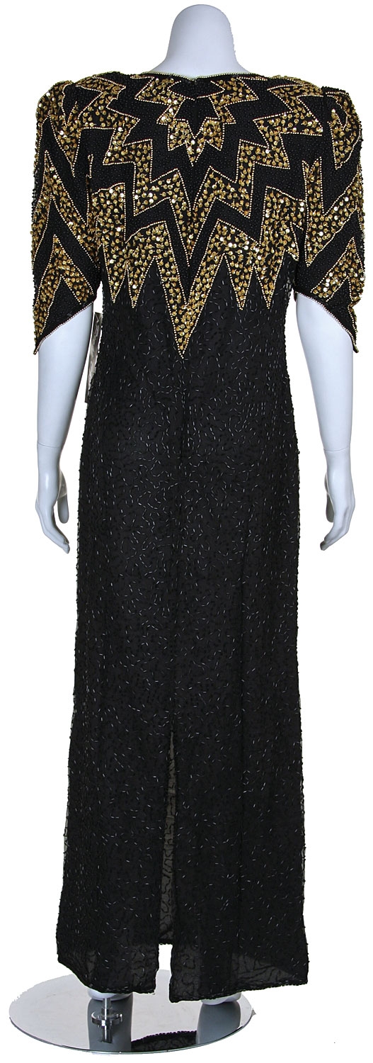 Long Formal Beaded Gown with Zig-Zag Pattern on Bodice — back in Black/Gold