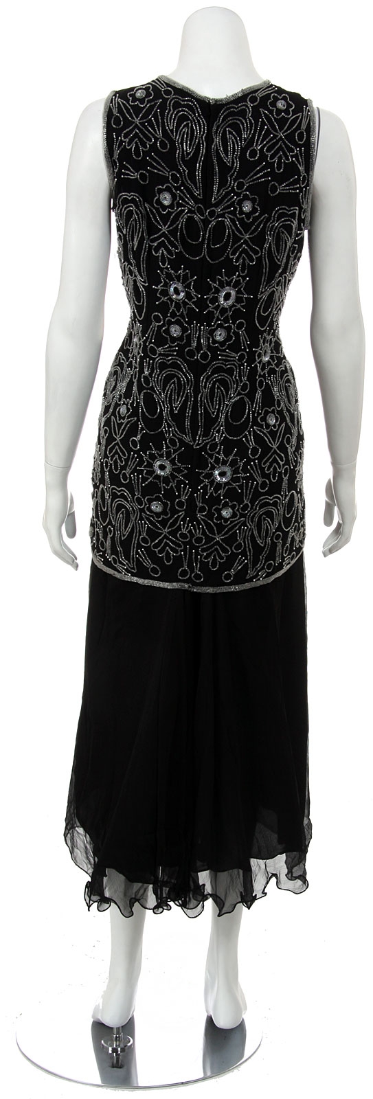 V-neck Medium Length Beaded Formal dress with Attached Skirt — back