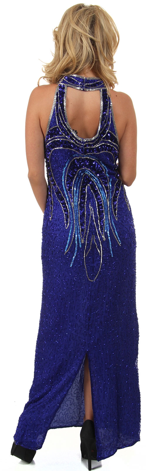 Deep V-Neck Halter Long Beaded Formal Dress with Collar — back