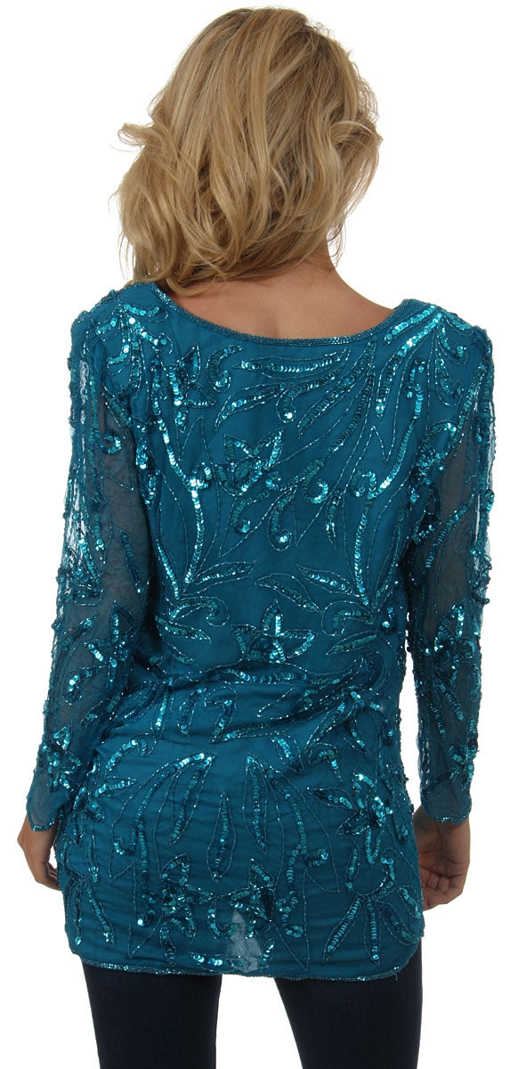 Artistic Floral Sequins Pattern Full Sleeves Long Blouse — back