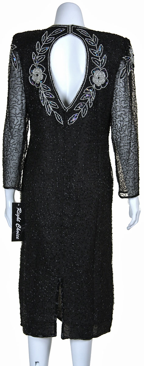 Tea Length Floral Beaded Dress with Keyhole Back — back