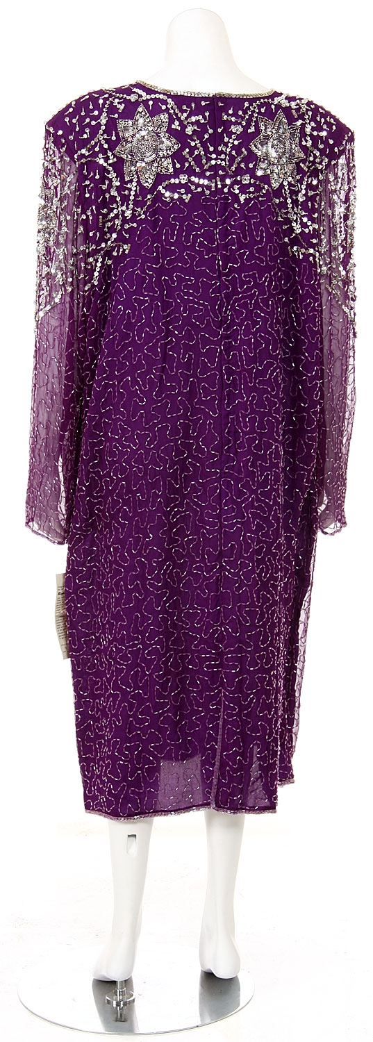 Sequined Tea Length Long Sleeve Gown — back