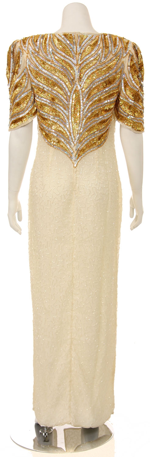 Full Length Sequin Beaded Leaf Print Evening Dress — back