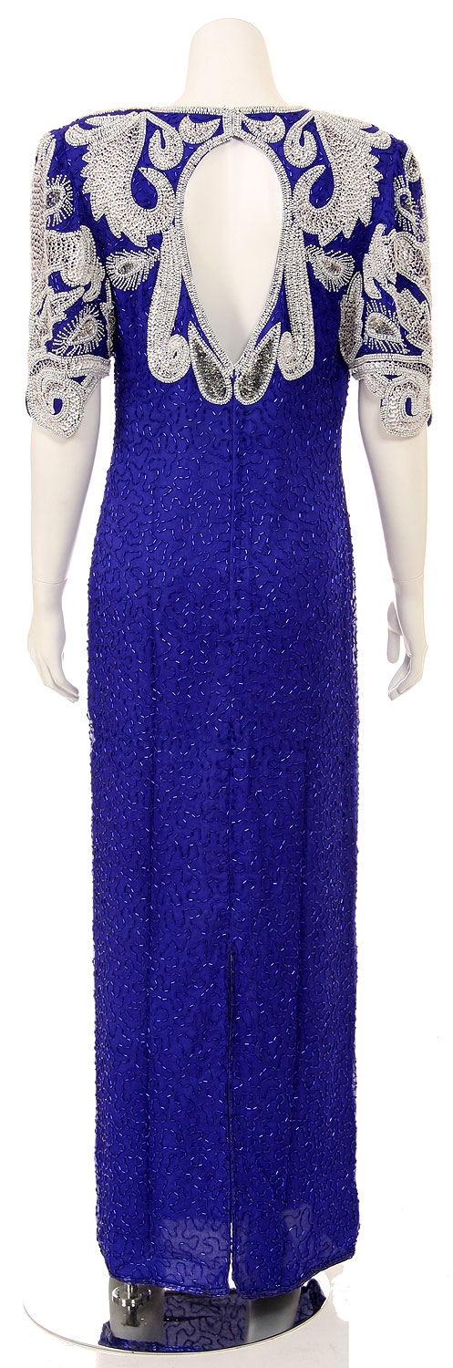 Half Sleeves v-Neck Long Beaded Evening Gown with Keyhole — back in Royal Blue/White