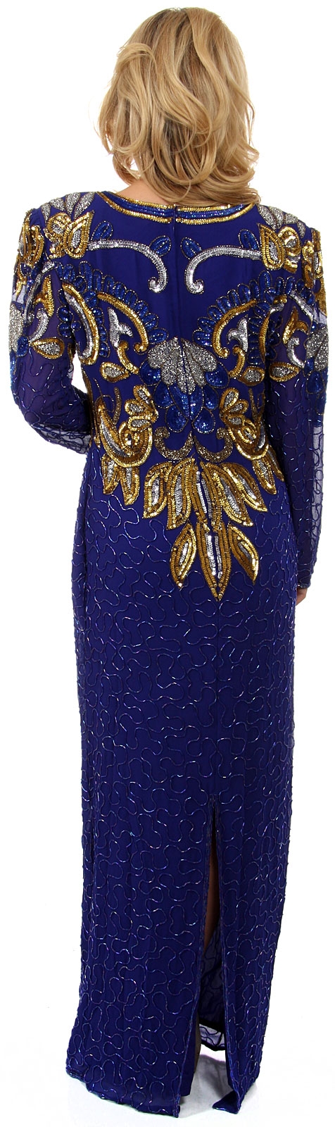 V-Neck Full Sleeves Sequined Formal Evening Gown — back
