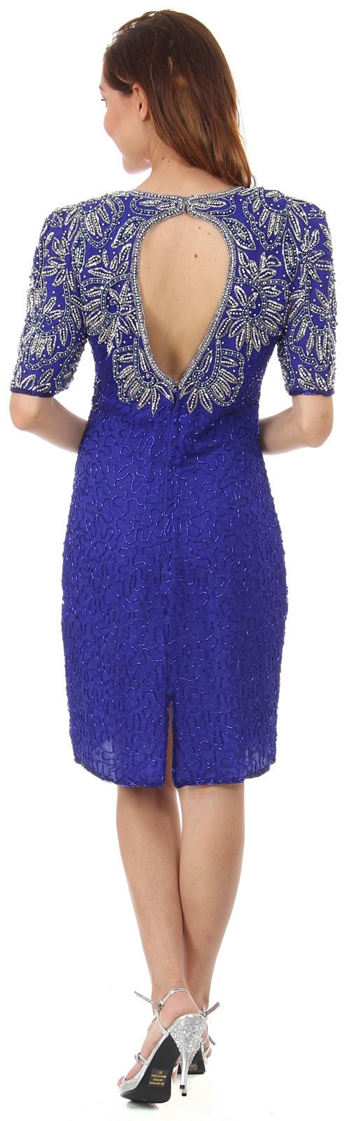 Knee Length V-Neck Formal Cocktail Beaded Dress — back