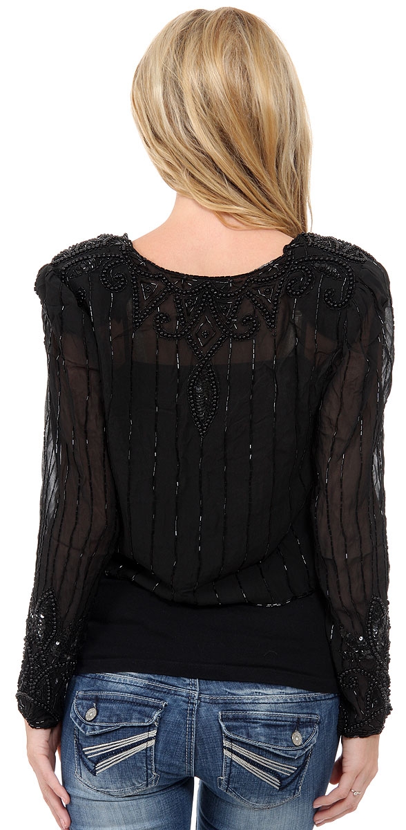 V-neck Short See-through Beaded Jacket   — back