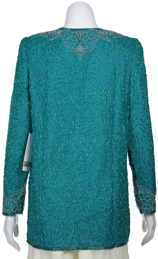 Round Neck Floral Bordered Beaded Jacket — back in Jade Green