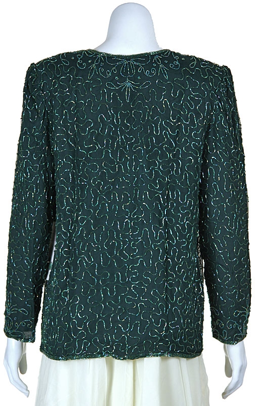 Round Neck Full Sleeves Beaded Jacket — back in Hunter Green