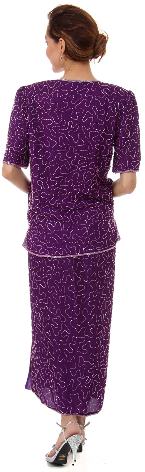 V-Neck Two Piece Sequined Blouse and Skirt Set — back