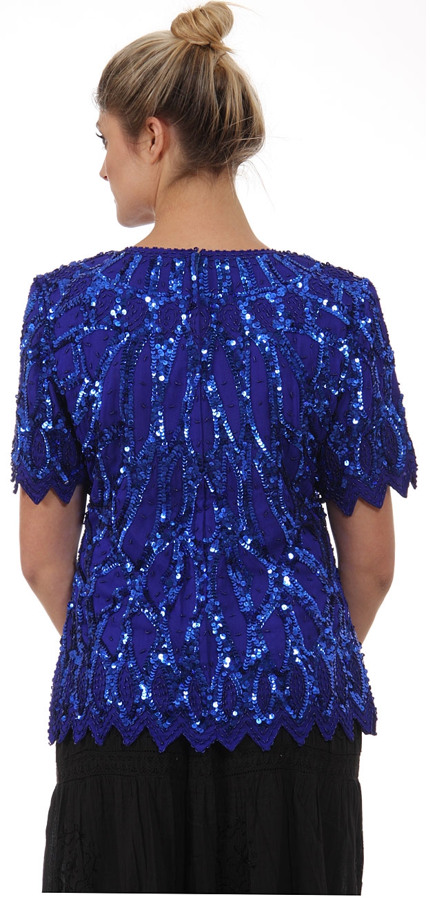 Round Neck Half Sleeves Sequined Blouse — back in Royal Blue