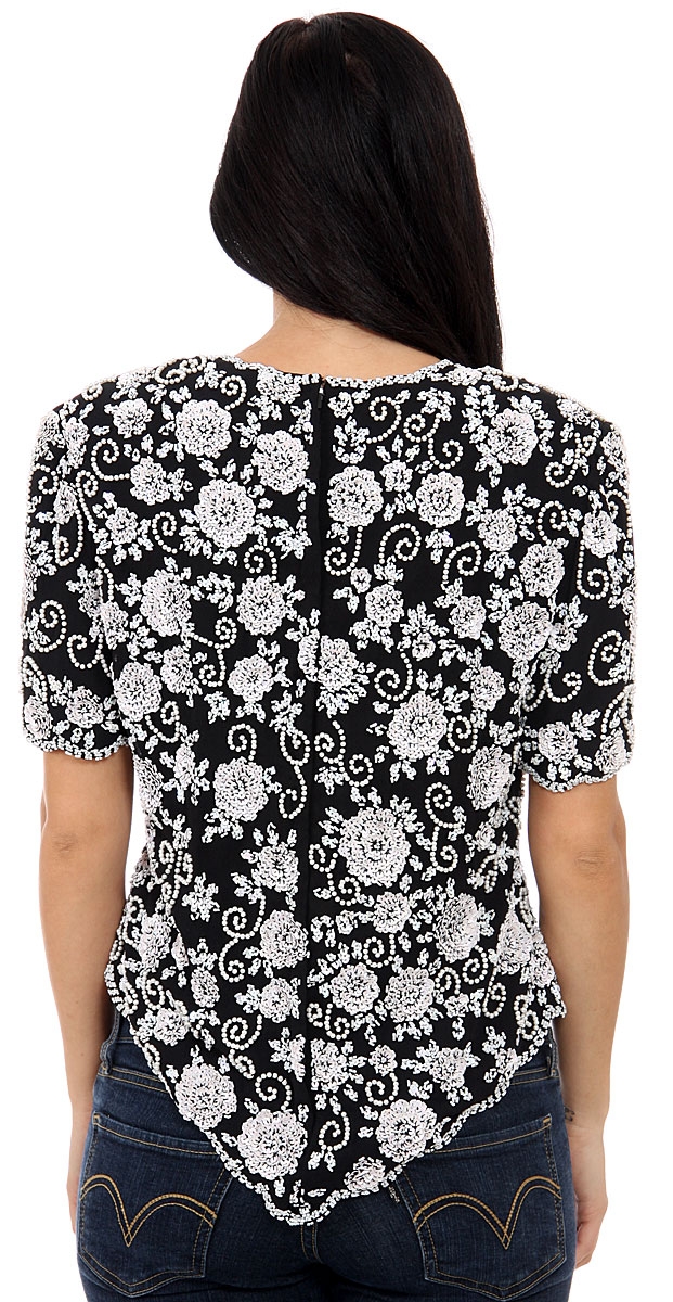 Fully Flowered Hand Beaded/Sequin Blouse — back in Black/White