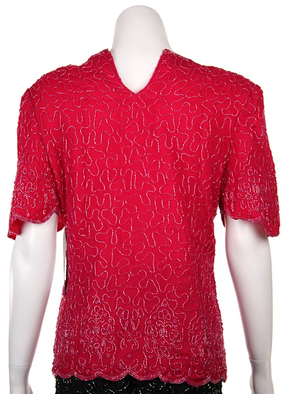 Fully Beaded Blouse with Decorative Hem and Sleeve — back in Fuchsia