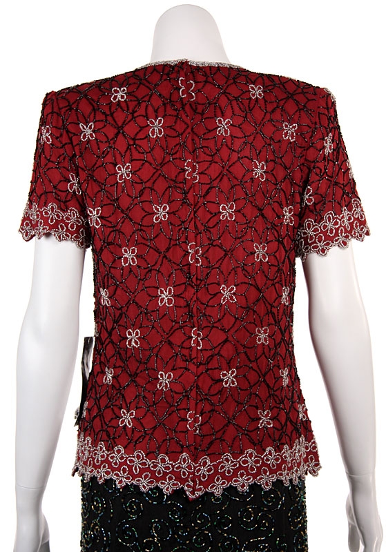 Short Sleeved Beaded Petal Pattern Design — back in Burgundy/Silver