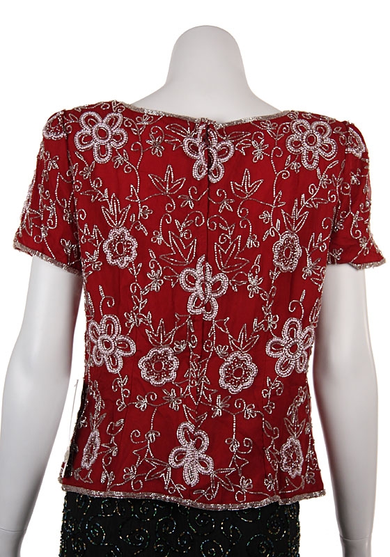 Short Sleeved Hand Beaded Blouse — back in Red/Silver