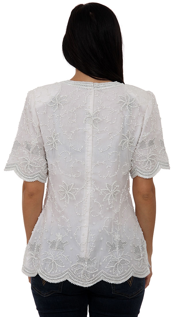 Scatter Floral Design Hand Beaded Blouse — back in Ivory