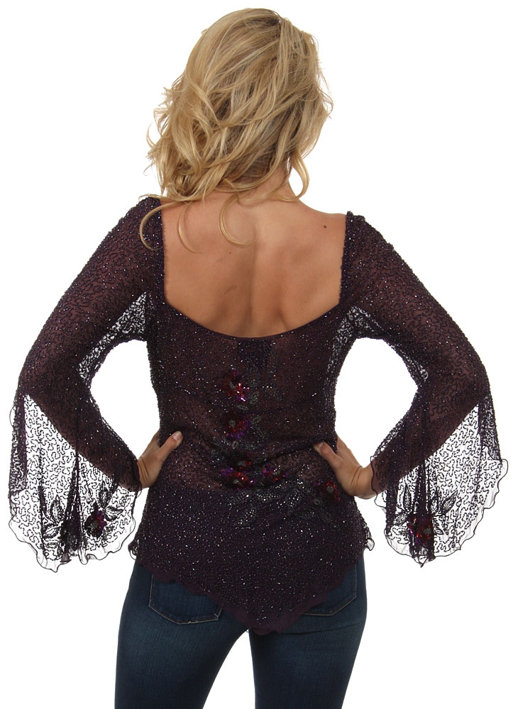 Square Neck Asymmetric Hem Beaded Sheer Blouse. — back