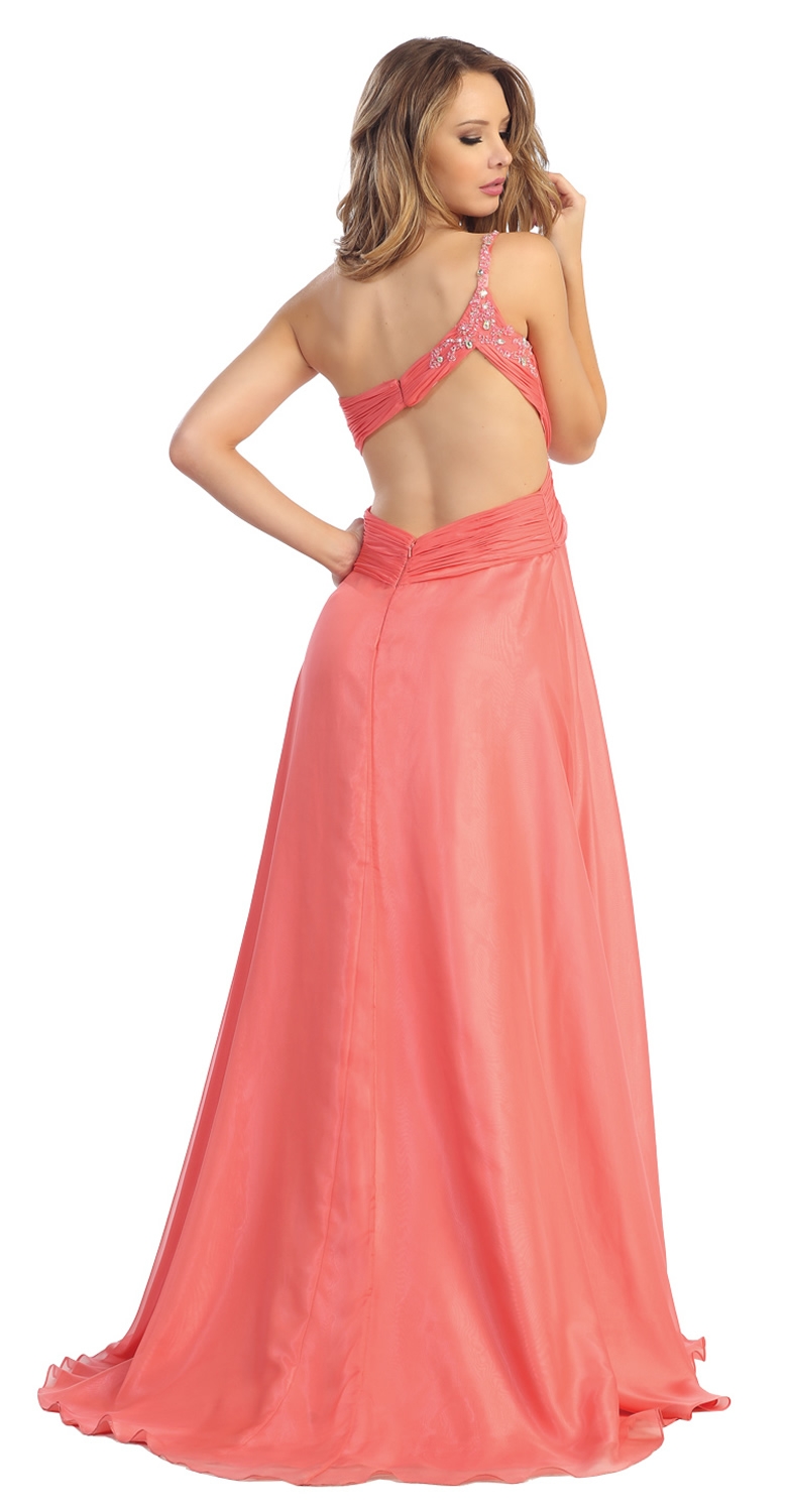 One Shoulder Beaded Bust Floor Length Formal Prom Dress — back