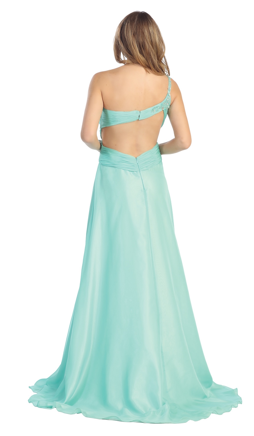 One Shoulder Beaded Bust Floor Length Formal Prom Dress — back in Mint