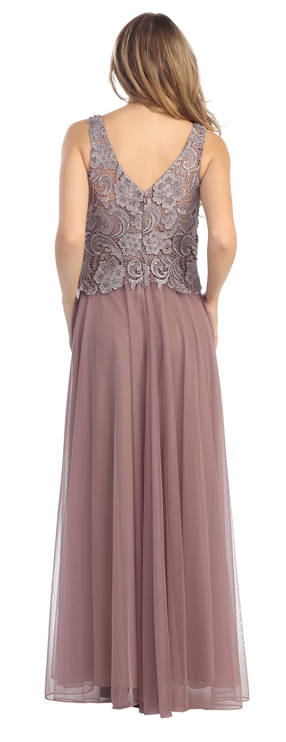 Sleeveless V-Neck Lace Top Long Formal Evening Prom Dress — back