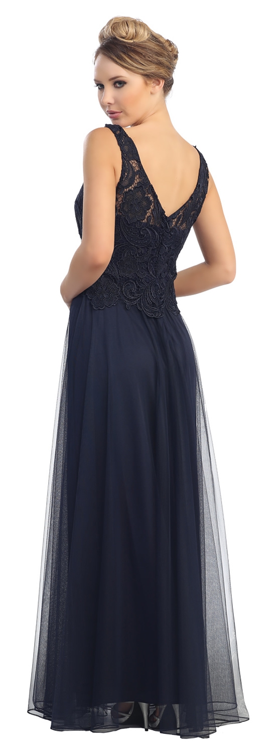 Sleeveless V-Neck Lace Top Long Formal Evening Prom Dress — back in Navy