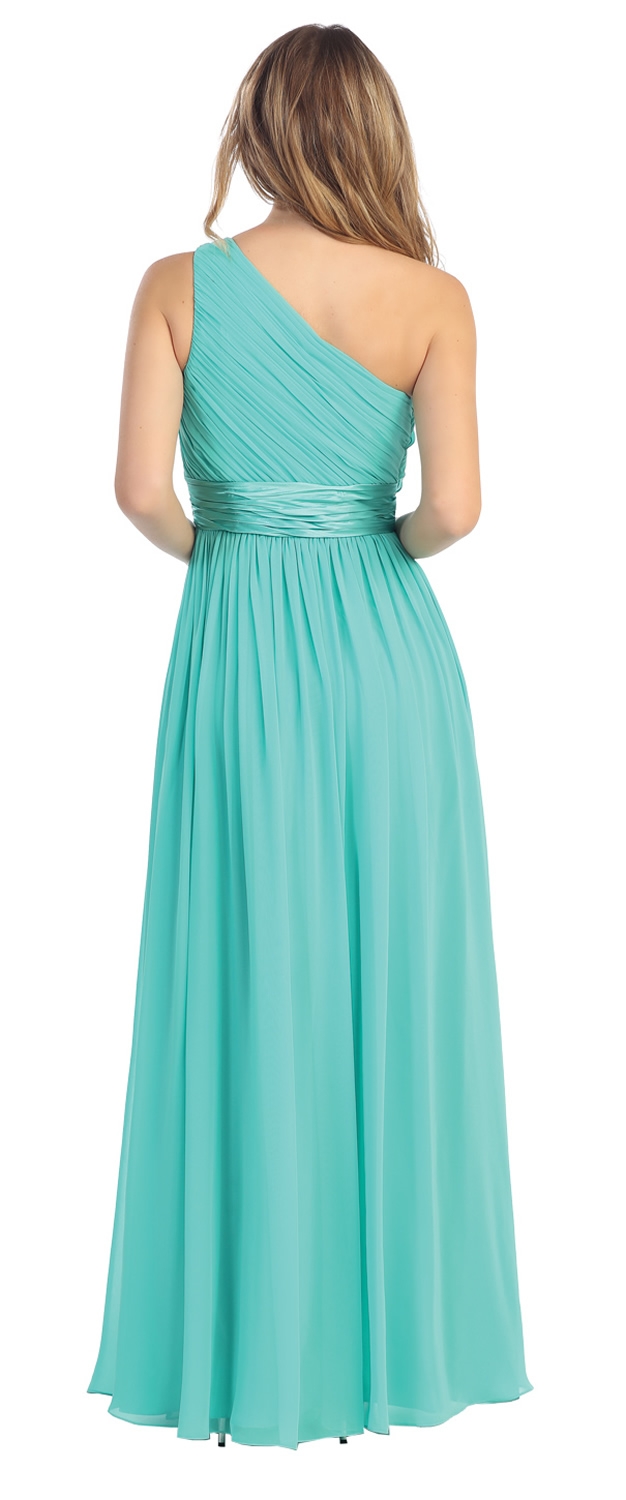 One Shoulder Floral Accent Formal Bridesmaid Dress — back in Jade Green