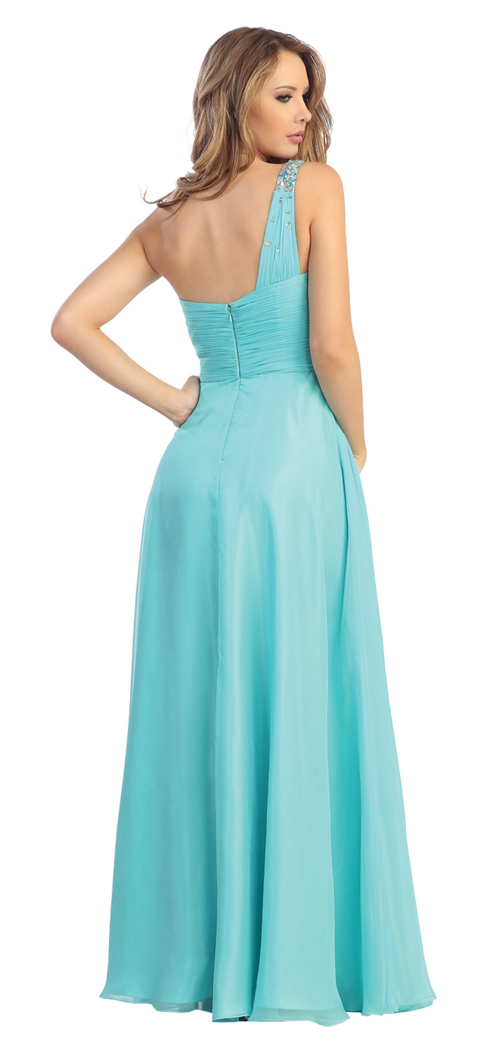 One Shoulder Ruched Sequin Bust Long Formal Prom Dress — back