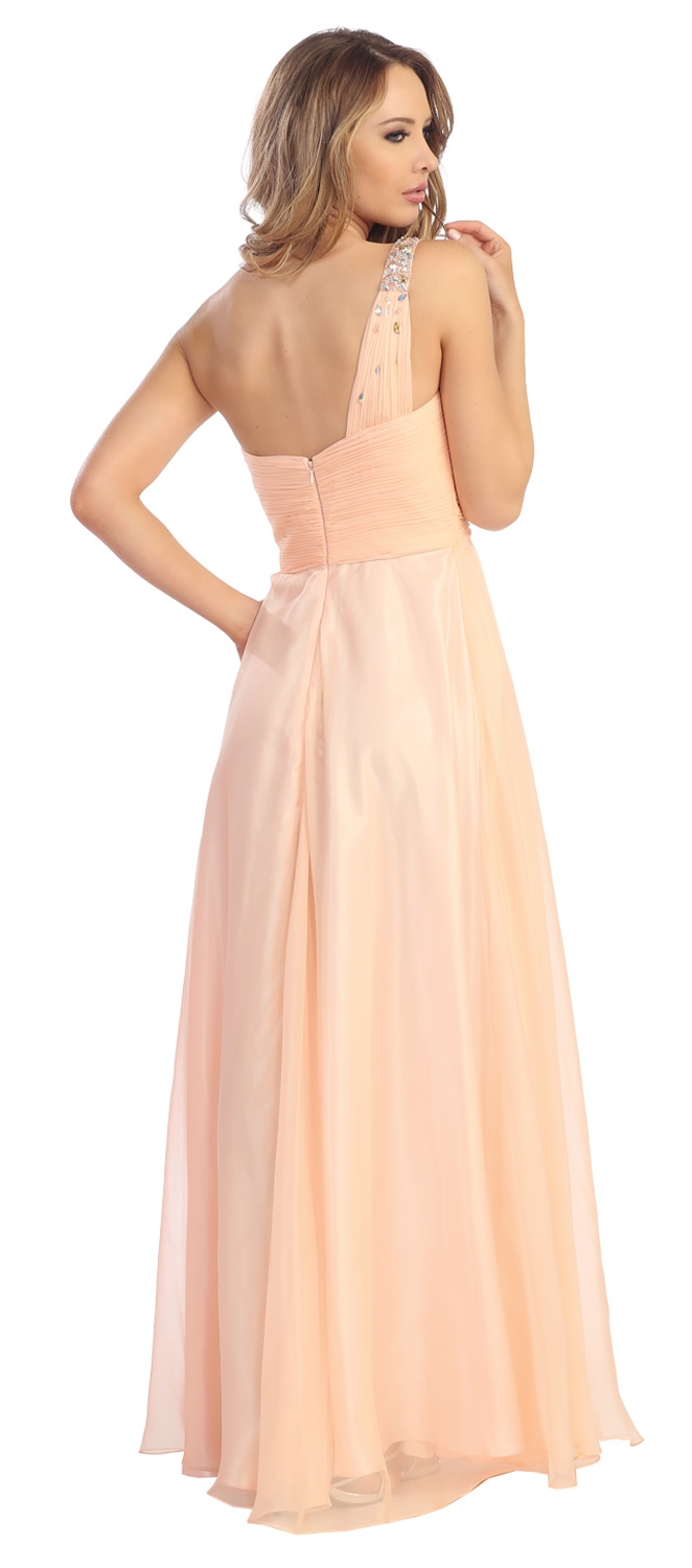 One Shoulder Ruched Sequin Bust Long Formal Prom Dress — back in Peach