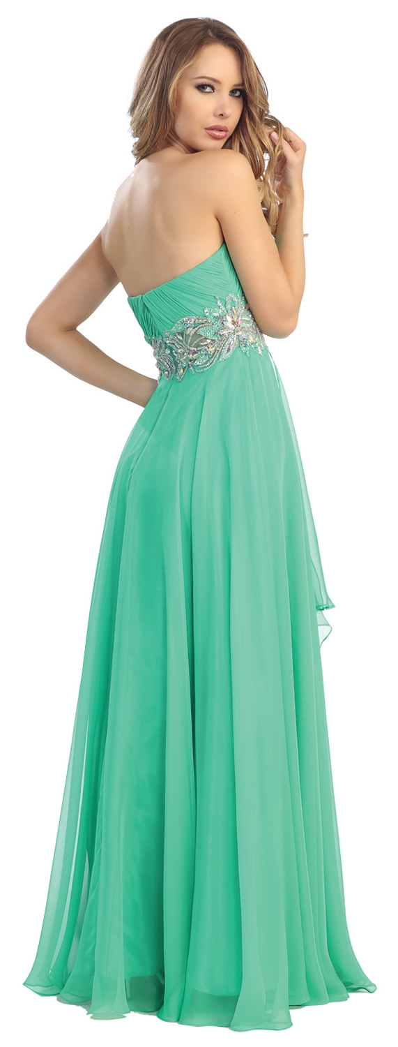 Strapless Floral Beaded Waist Long Formal Prom Dress — back in Clover Green