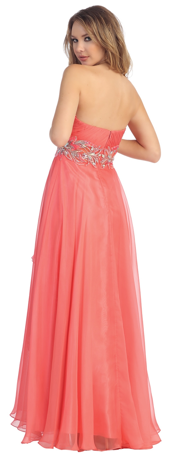 Strapless Floral Beaded Waist Long Formal Prom Dress — back