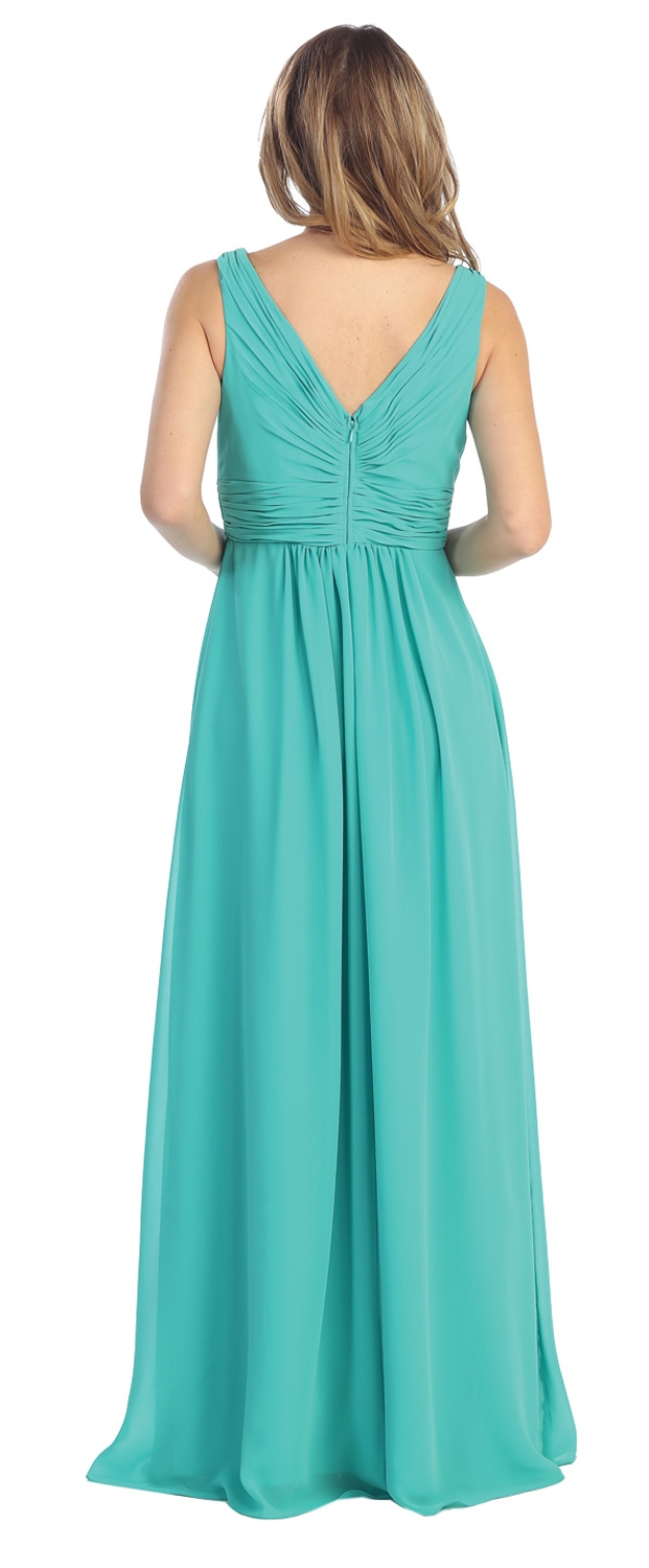 V-Neck Shirred Bust & Waist Long Formal Bridesmaid Dress — back in Jade Green