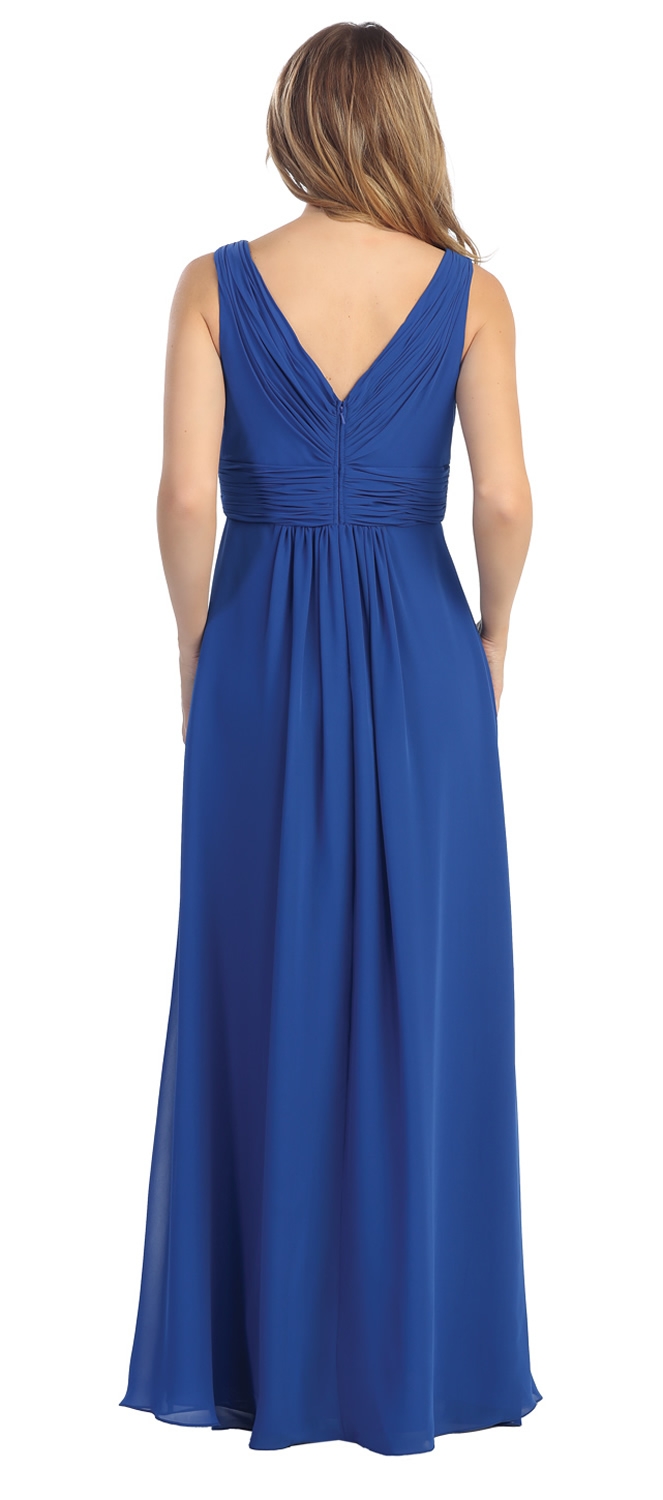 V-Neck Shirred Bust & Waist Long Formal Bridesmaid Dress — back