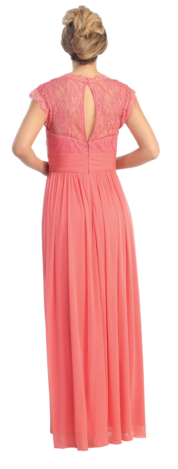Cap Sleeves Lacey Bust Long Formal Evening Prom Dress — back in Coral