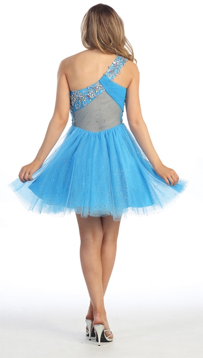 One Shoulder Glittery Mesh Beaded Short Prom Party Dress — back