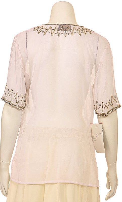 Half Sleeve Sheer Blouse with Zigzag Beading — back in White/Silver