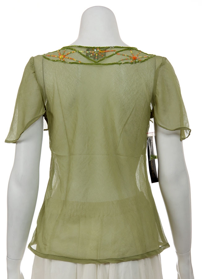V-neck Short Sheer blouse with Sleeves — back in Olive/Orange