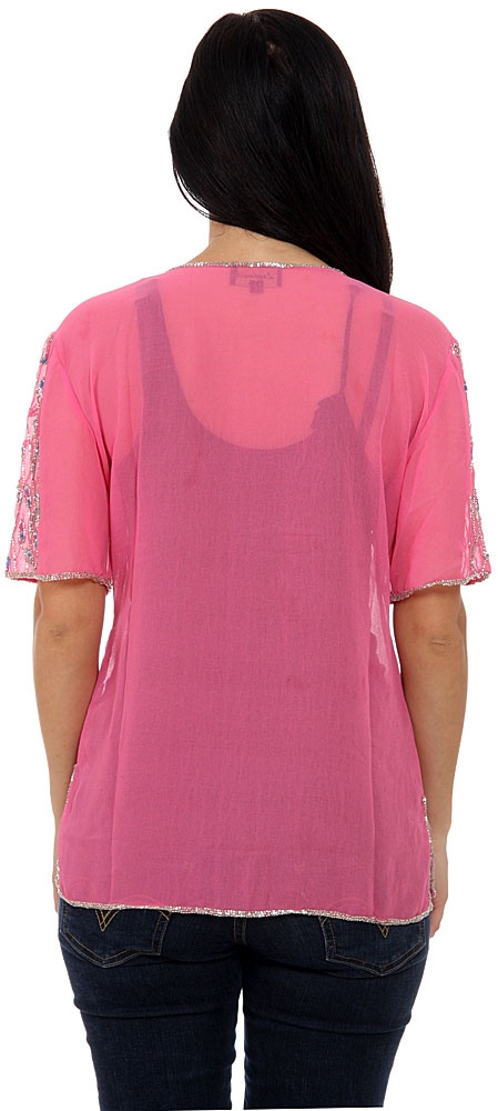 Spreading Floral Vines Hand Beaded Sheer Top — back