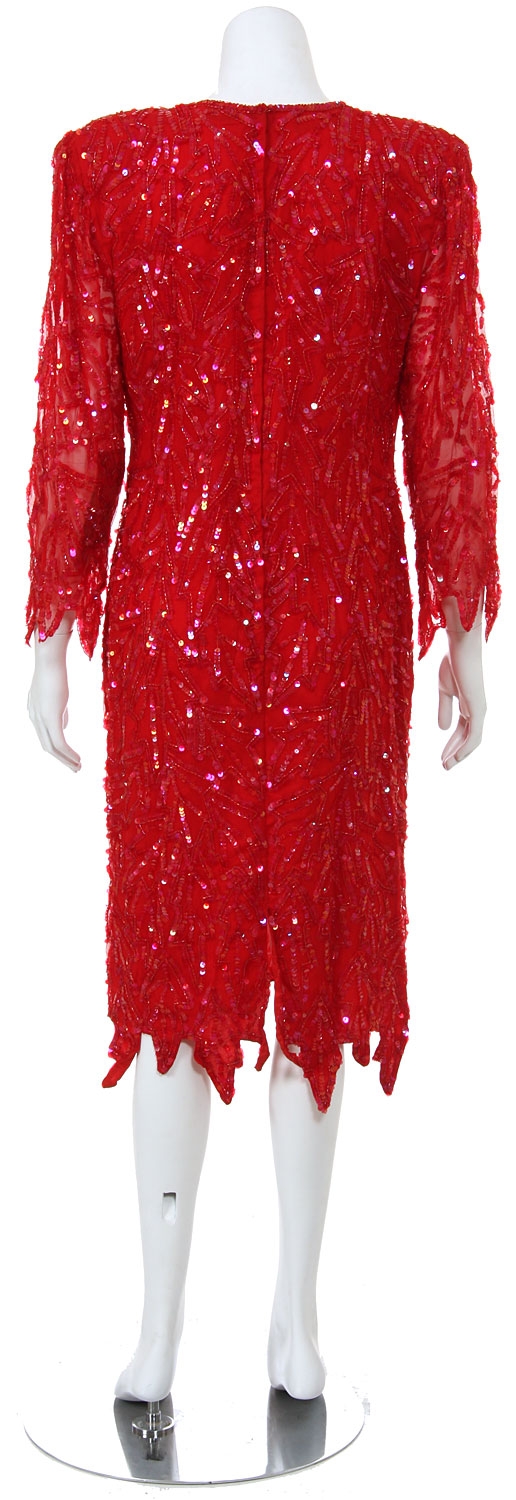 Full Sleeves Knee Length Sequined Formal Dress — back in Red
