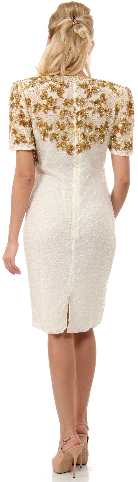 Floral Beaded Bodice Short Sleeves Formal Party Dress — back