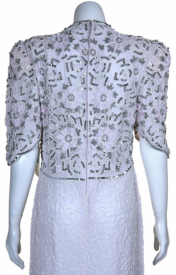 Full Length High Waistline Beaded Dress — in White/Silver back