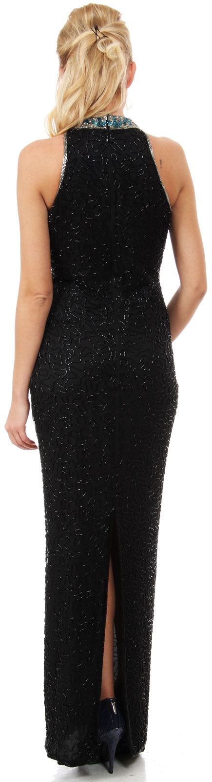Turtle Neck Artistic Floral Bodice Long Beaded Formal Dress — back