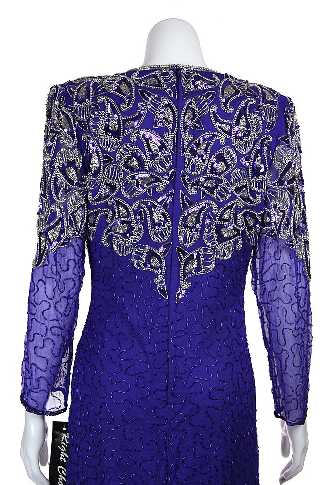 V-neck Paisley Beaded Tea Length Dress — back