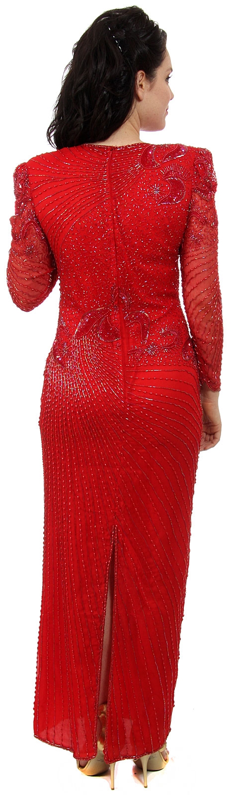 Full Sleeves Beaded Full Length Formal Sequined Gown — back in Red