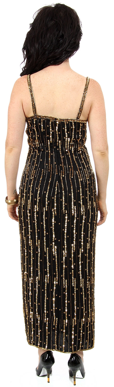 Spaghetti Straps V-Neck Long Sequined Formal Dress — back in Black/Gold