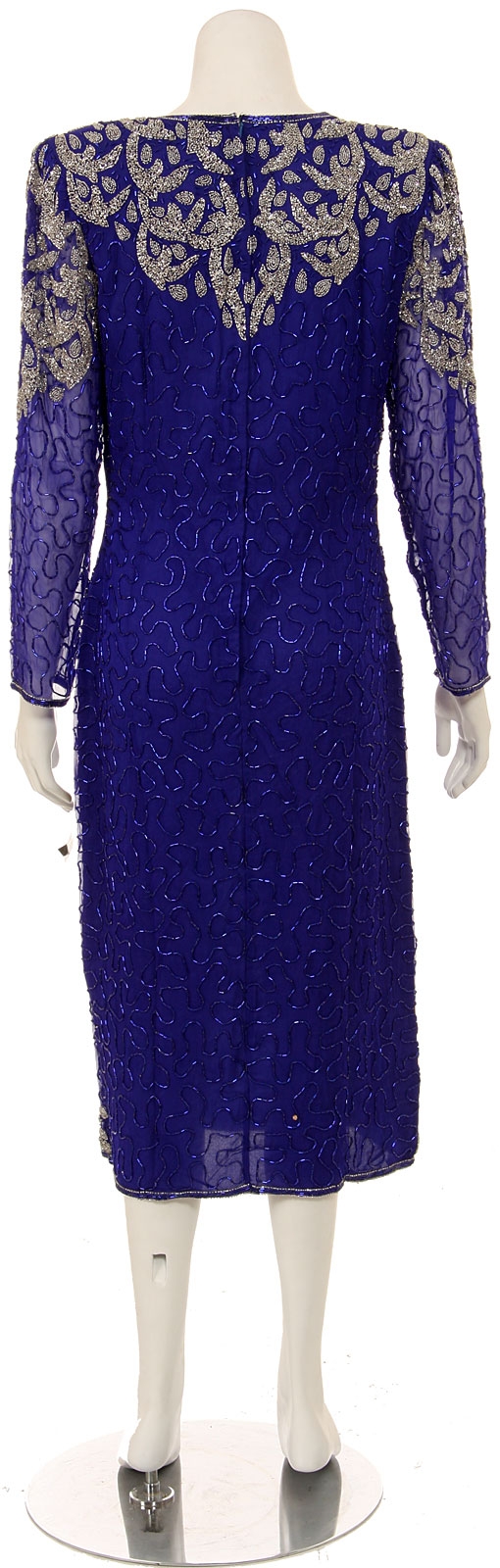 Tea Length Long Sleeves Petal Beaded Formal Dress — back in Royal Blue/Silver
